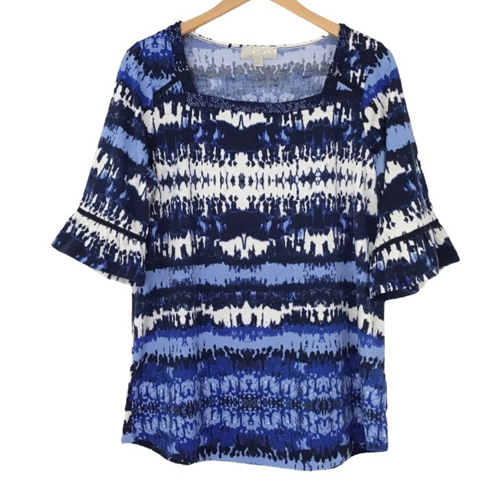 Carolyn Taylor Tie Dye Striped Top Size M Flare Sleeves Crochet & Lace Detail